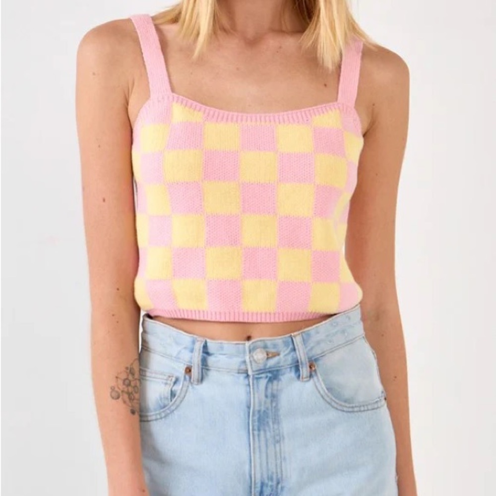Pink & Yellow Checker Knit Top + Cardigan